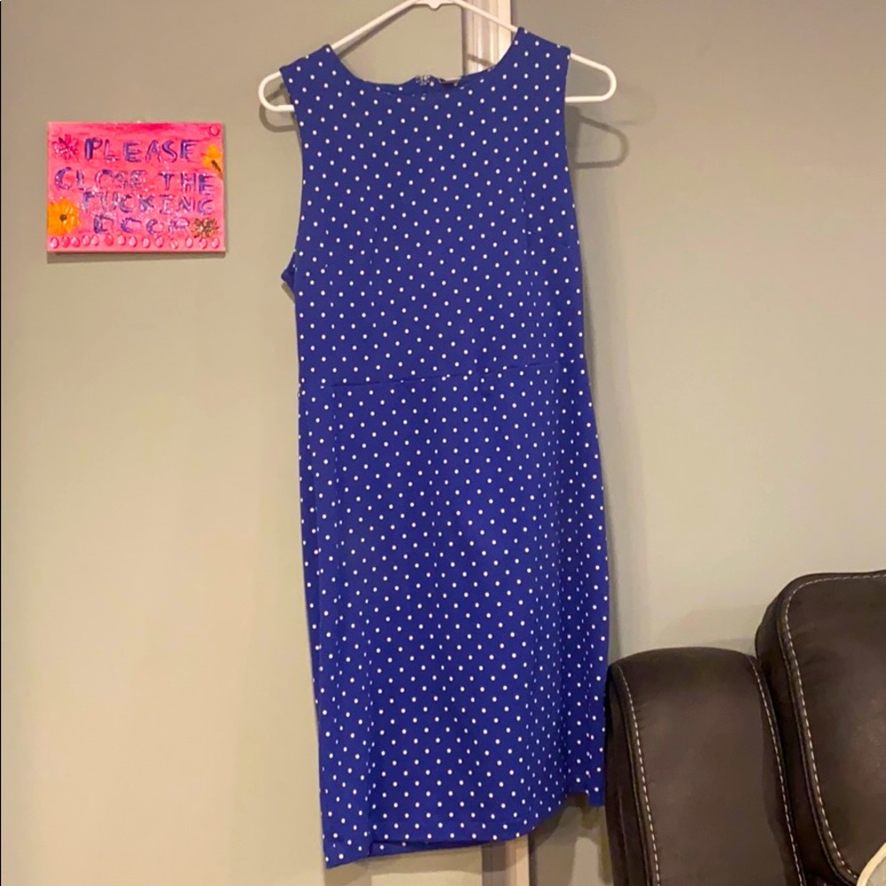 Blue and white polka dotted sheath dress